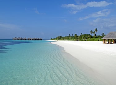 モルディブの太陽の光を浴びたビーチからのターコイズブルーの透明感 の写真